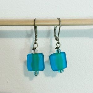 925 Sterling Silver & Blue Green Sea-glass Drop Dangle Dainty Delicate Earrings